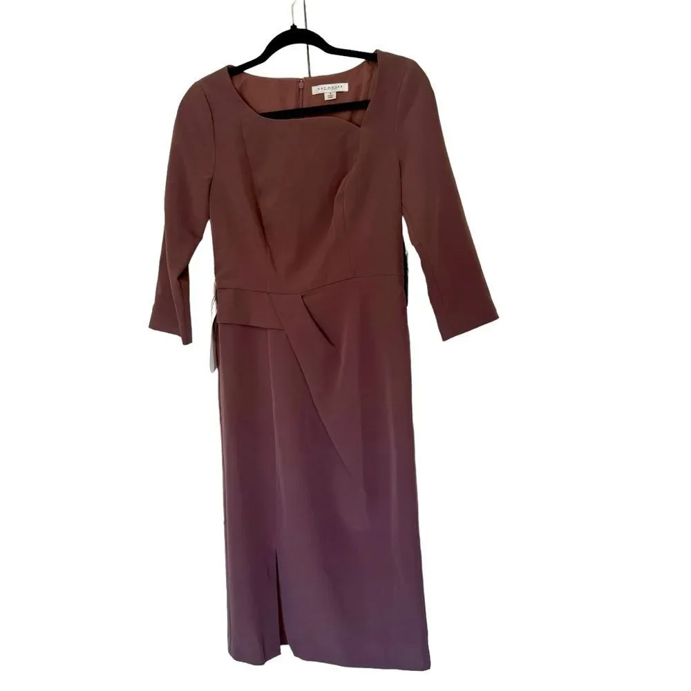NWT KAY UNGER Size 4 Anya Asymmetric Crepe Midi-Dress - Mink color